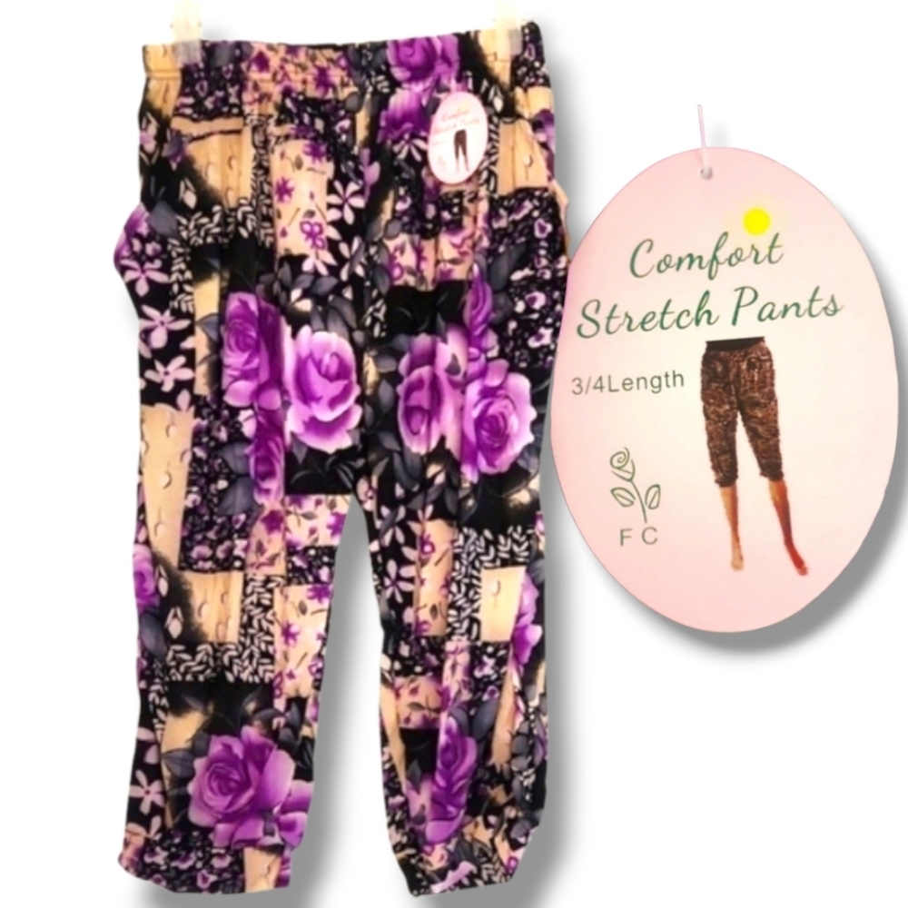 Purple Rose Print Harem Parachute Capris 3/4 Length